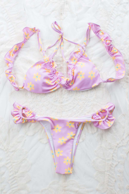 Pink Frilled Daisy String Bikini Top