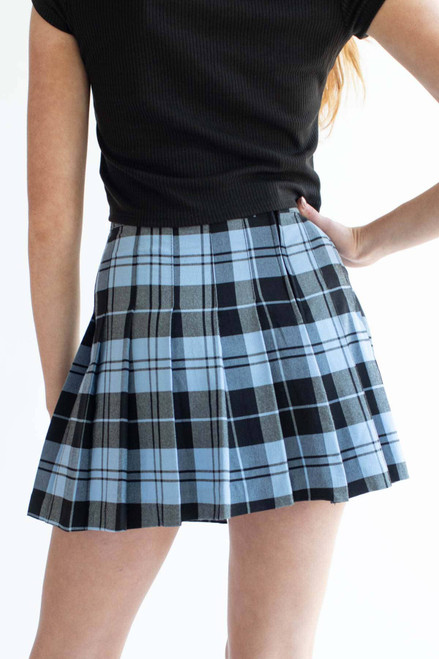 Blue Plaid Pleated Skirt