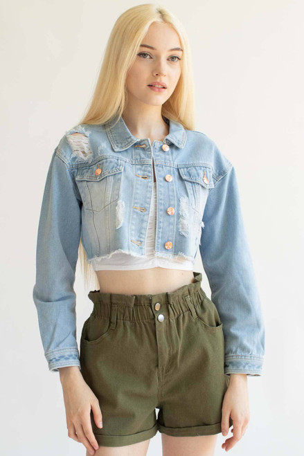 Light Wash Distressed Cropped Denim Jacket