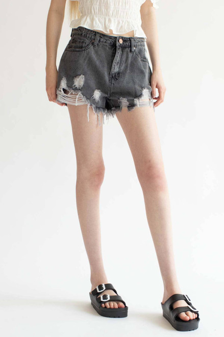 Grey Wash Distressed Cut Off Denim Shorts