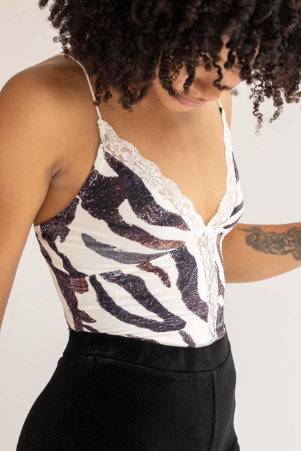 Zebra Print Lace Insert Bodysuit