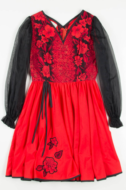 Red Floral Mesh Sleeve Swing Dress
