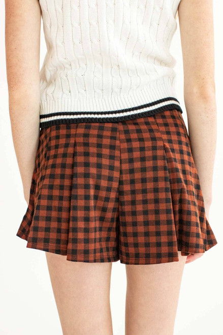 Cognac Gingham Pleated Shorts