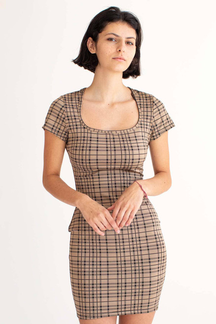 Khaki Plaid Open Back Mini Dress