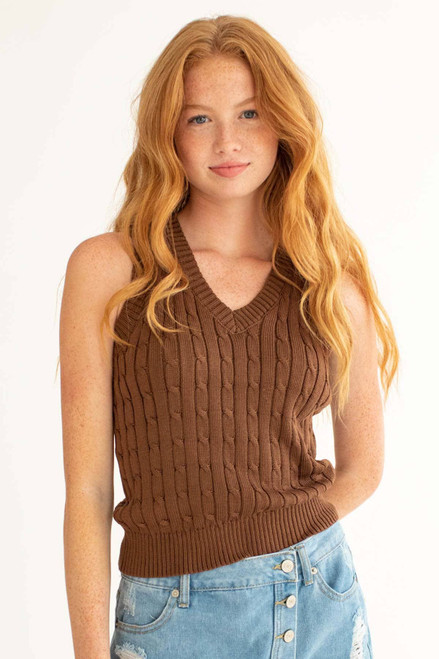 Brown Cable Knit Sweater Vest