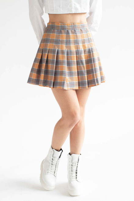 Pumpkin Plaid Stretch Pleated Skirt