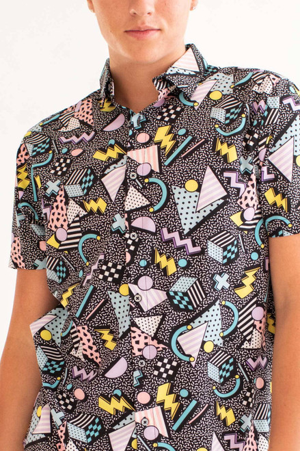 Pastel 3D Shapes on Static Button Up Shirt