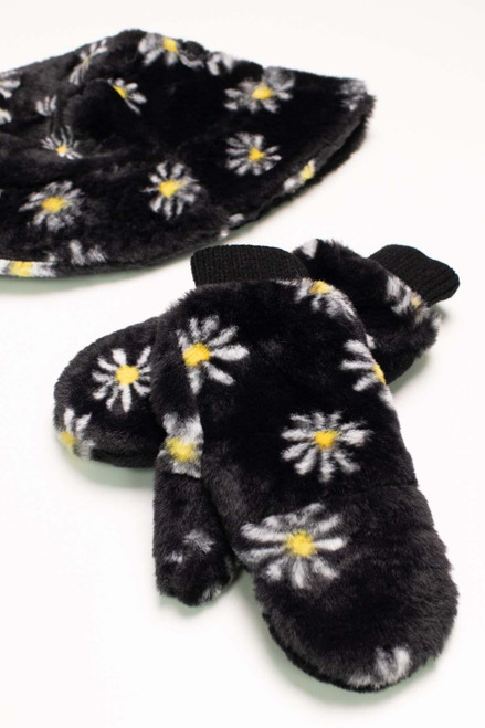 Black Fur Daisy Mittens