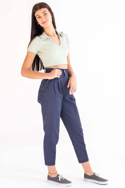 Sage Raw Edge Ribbed Crop Polo