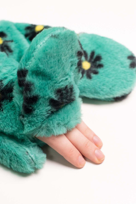 Green Fur Daisy Mittens