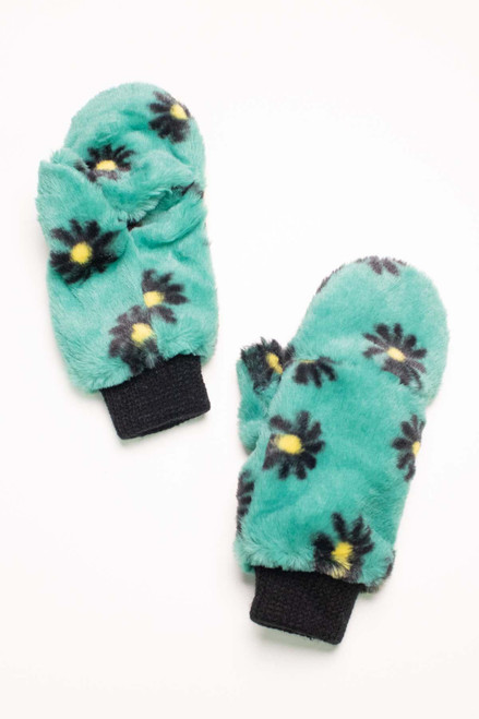 Green Fur Daisy Mittens