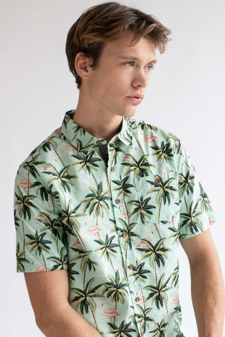 Mint Flamingo In The Palms Hawaiian Button Up Shirt