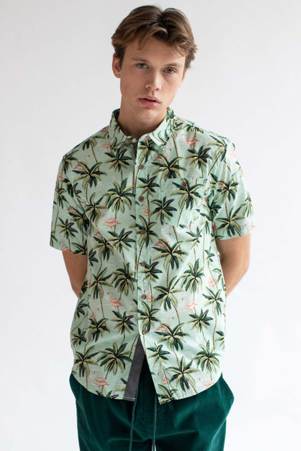 Mint Flamingo In The Palms Hawaiian Button Up Shirt