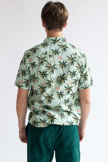 Mint Flamingo In The Palms Hawaiian Button Up Shirt