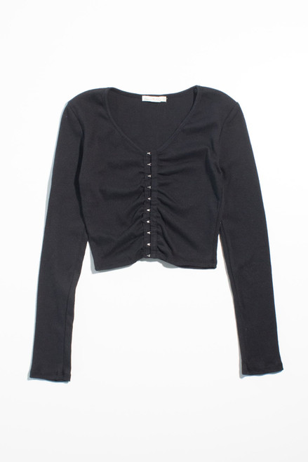 Black Hook & Eye Ribbed Long Sleeve Crop Top