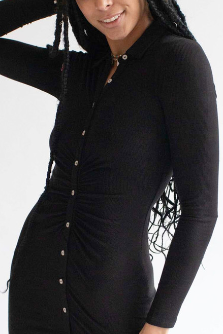 Black Ruched Long Sleeve Shirt Dress