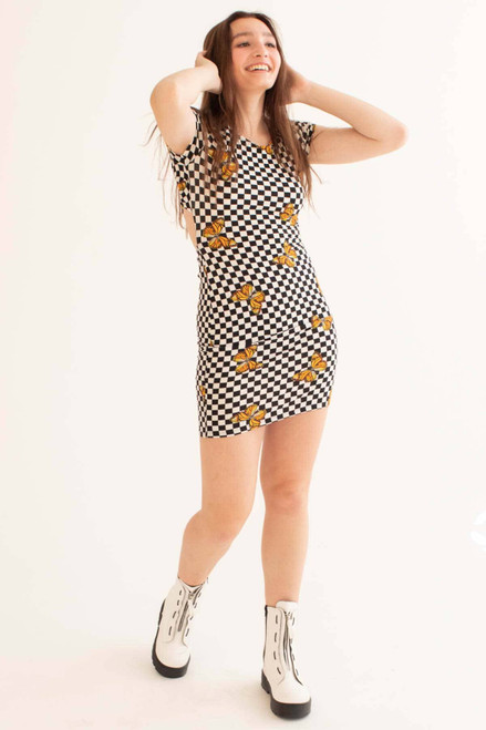 Checkered Butterfly Backless Dress