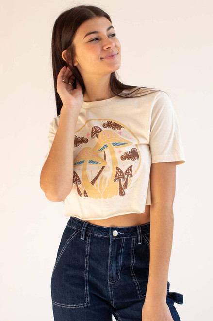 Cream Mushrooms In The Clouds Cropped Tee