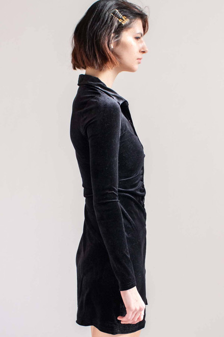 Black Velvet Ruched Long Sleeve Shirt Dress