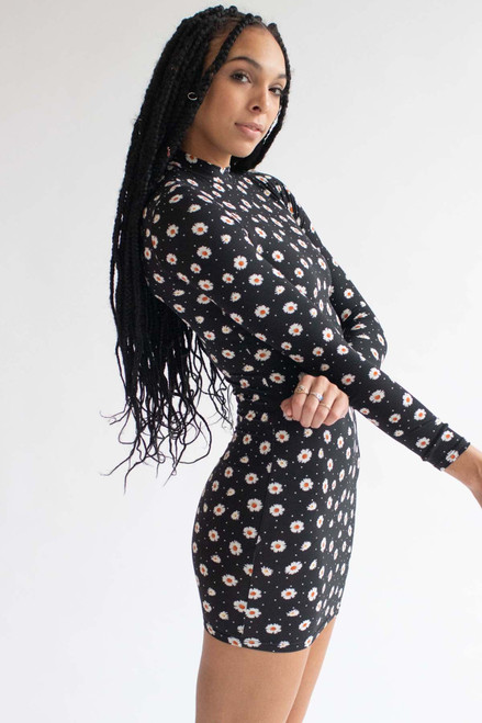 Daisy Print Mock Neck Long Sleeve Dress - Ragstock.com