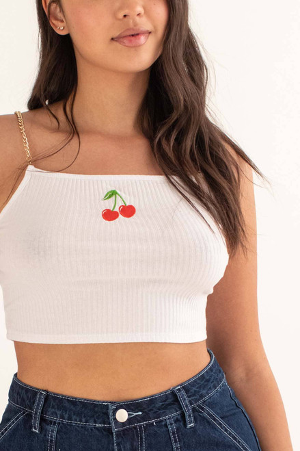 Embroidered Cherries Chain Straps Crop Tank