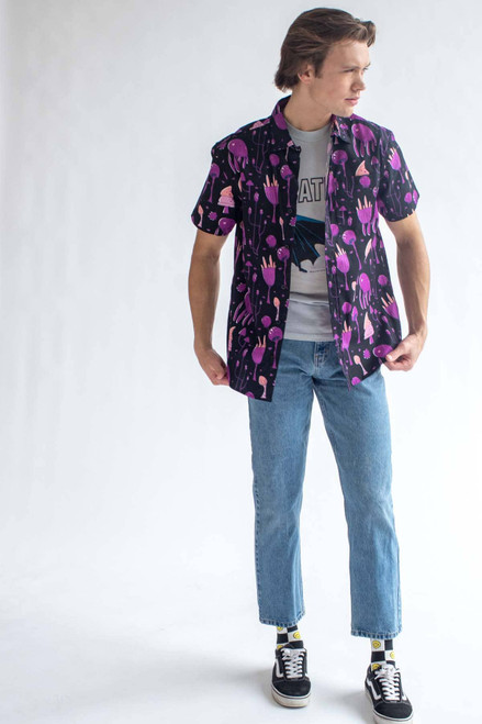 Purple Mushroom Land Woven Button Up Shirt