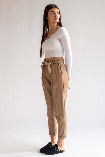 Khaki Belted Paper Bag Waist Corduroy Pants