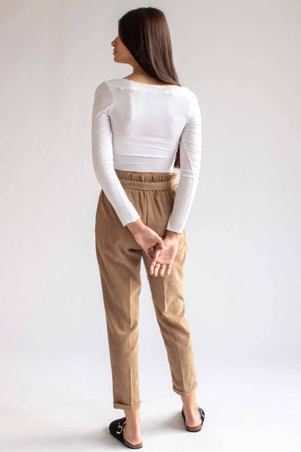 Khaki Belted Paper Bag Waist Corduroy Pants