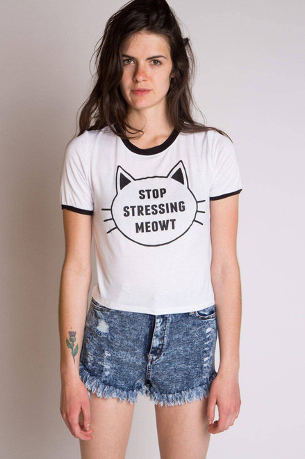 Stressing Meowt Graphic Ringer Crop Tee