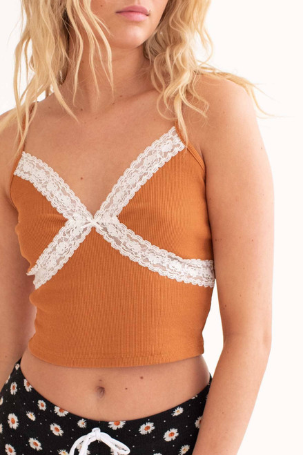 Caramel Lace Trim Crop Cami