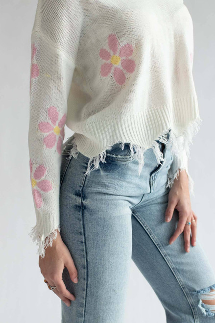 White Daisy Frayed Sweater