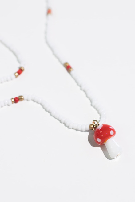 White & Red Mushroom Bead Necklace