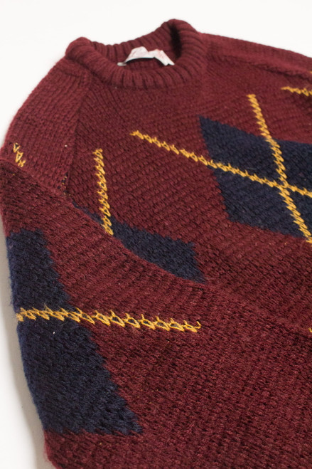 Vintage Burgundy Argyle 80s Sweater 3648