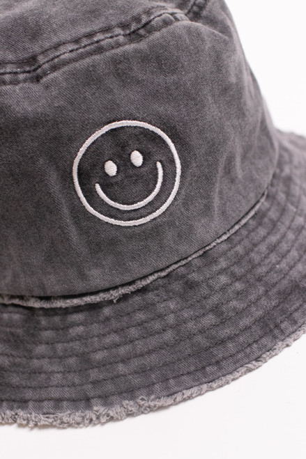 Smiley Face Embroidered Black Frayed Brim Bucket Hat