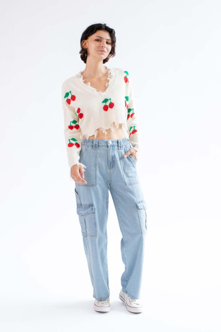 Cropped Cherry Frayed Sweater