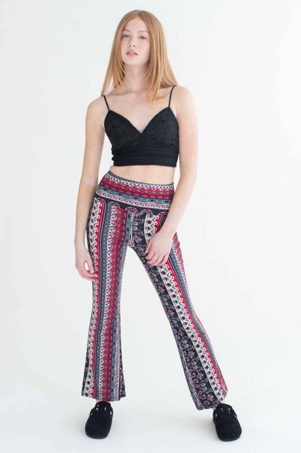 Burgundy Prairie Floral Border Print Bell Bottoms