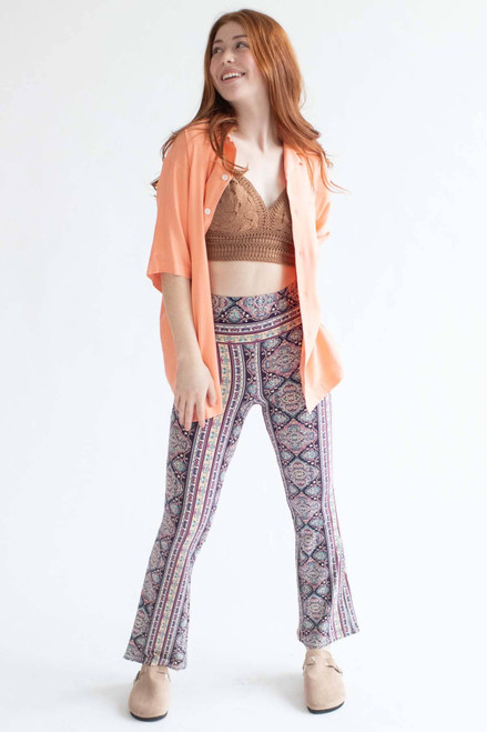 Sepia Navy Floral Border Print Bell Bottoms