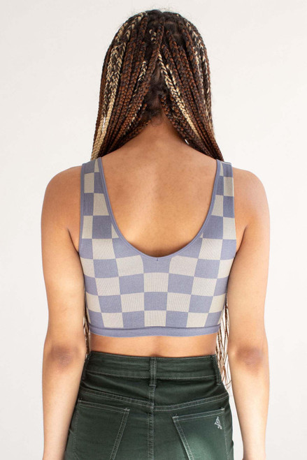 Hazy Blue Checkered Seamless Crop Tank