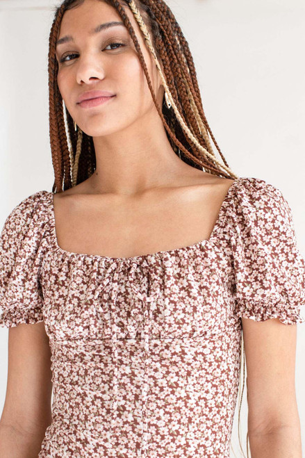 Brown Floral Milkmaid Mini Dress