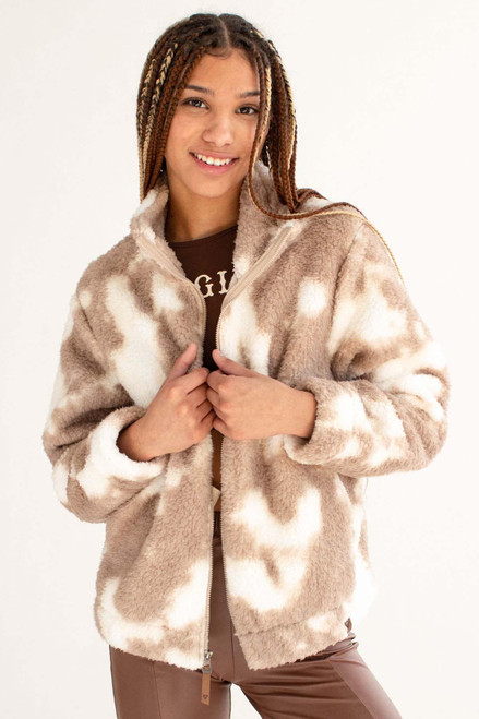 Taupe Cow Zip Up Teddy Fleece