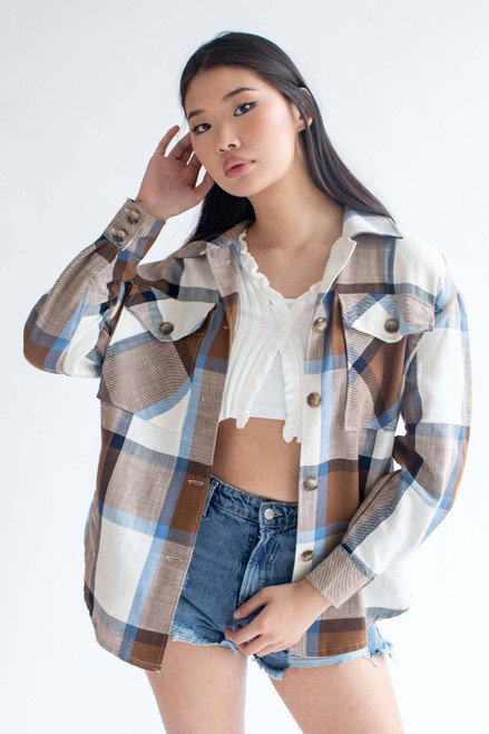 Blue & Brown Linen Blend Plaid Shirt Jacket