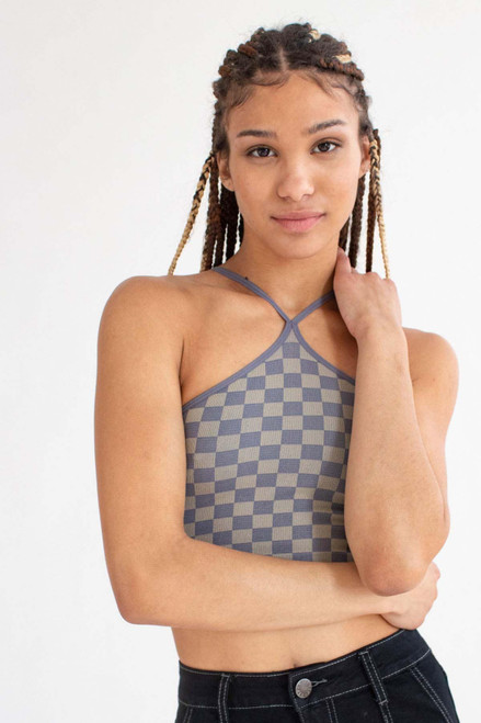 Hazy Blue Checkered Seamless Y Neck Crop Cami