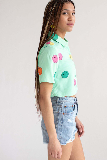Green Smiley Cropped Button Up Shirt