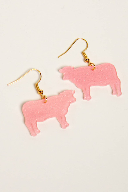 Pink Glitter Cow Drop Earrings