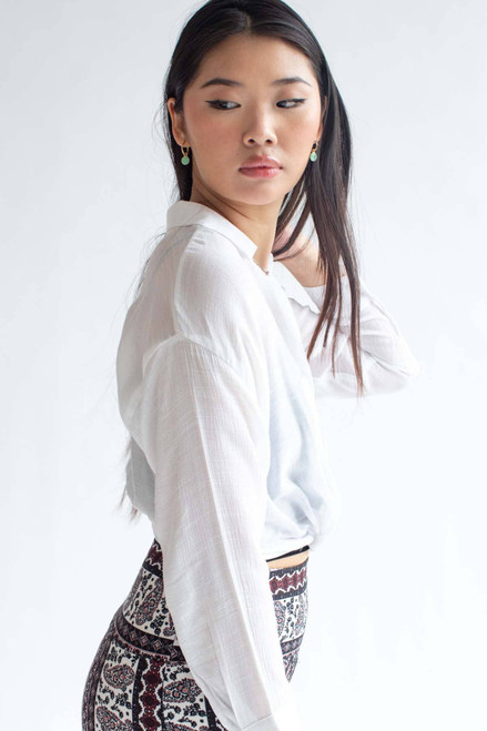 White Twist Waist Button Up Crop Shirt