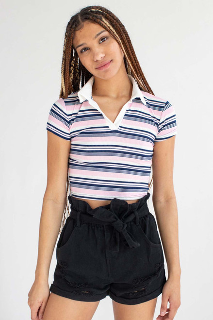 Pink Striped Cropped Polo