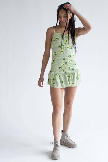 Green Sunflower Cinched Mini Dress