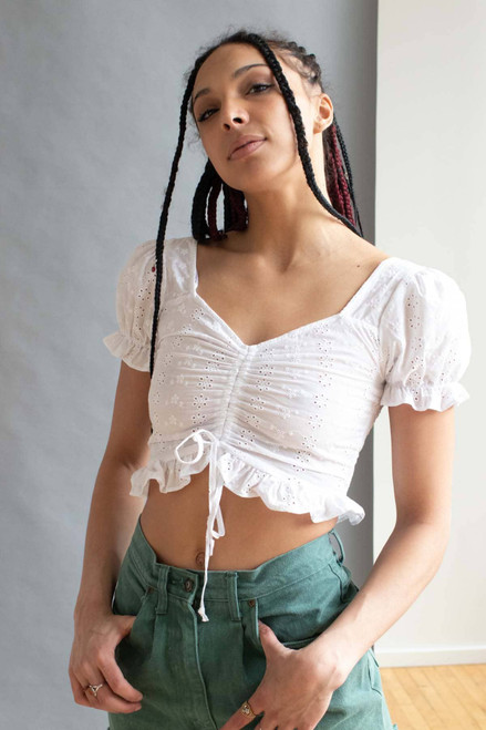 White Eyelet Cinched Front Crop Top