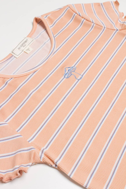 Mushroom Embroidered Apricot Striped Tee