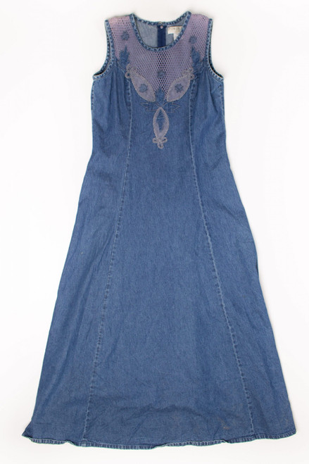 Vintage Embroidered Mesh Top Denim Dress